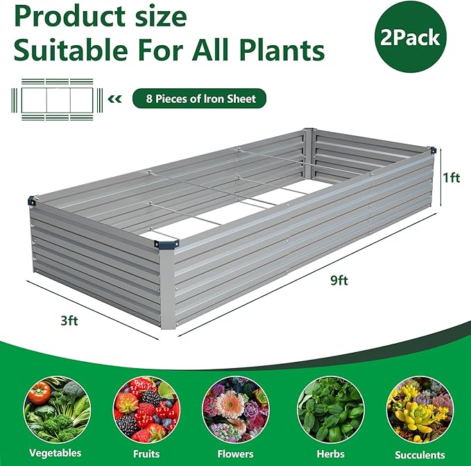 Vengarus 2PCS 9x3x1ft Galvanized Raised Garden Beds Kit,Planter Box Silver | Galvanized Steel, Rectangular Metal Planter Raised Beds, Vegetables, Herbs, Flowers, Easy Assembly, Rustproof Safe Backyard