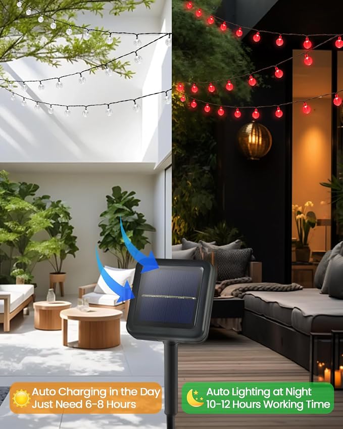 2-Pack 120 LED Red Solar String Lights Outdoor - 72FT Waterproof Solar Powered Crystal Globe Lights for Outside with 8 Lighting Modes for Patio Decorations, Garden, Party, Porch, Wedding, Yard