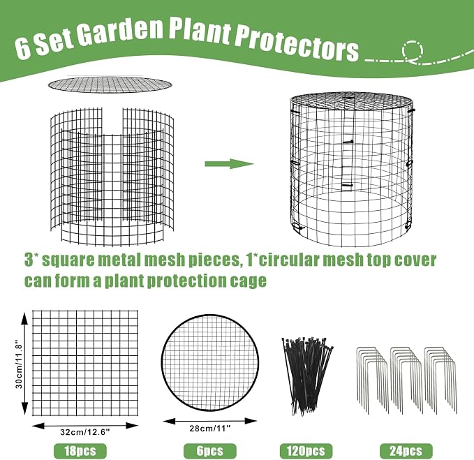 Garden Plant Protectors from Animals,Metal Plant Cage Chicken Wire Cloche with Ground Stakes and Nylon Tie,Garden Plant Protectors for Flower Vegetable to Keep Animals Out-11.8"x 12.6" (6)