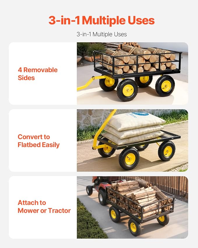 VEVOR Steel Garden Cart, 1200 lbs Heavy Duty Pullable Garden Wagon Yard Cart, 2 in 1 Outdoor Metal Utility Wagon Yard Trailer with 13" All Terrain Tires, Mesh Detachable Sides and 180° Rotating Handle