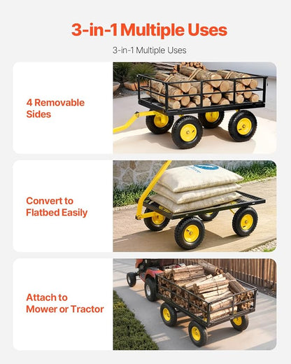 VEVOR Steel Garden Cart, 1200 lbs Heavy Duty Pullable Garden Wagon Yard Cart, 2 in 1 Outdoor Metal Utility Wagon Yard Trailer with 13" All Terrain Tires, Mesh Detachable Sides and 180° Rotating Handle