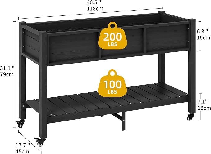 DWVO 47x18x31in Raised Garden Bed Outdoor HDPE with Legs and Lockable Wheels, Weather-Resistant Poly-Wood Elevated Planter Box, Double Tier Planters for Backyard Patio Balcony, Black