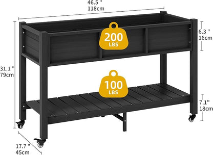 DWVO 47x18x31in Raised Garden Bed Outdoor HDPE with Legs and Lockable Wheels, Weather-Resistant Poly-Wood Elevated Planter Box, Double Tier Planters for Backyard Patio Balcony, Black