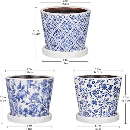 Set of 3 Decorative Plant Pots Blue and White Flower Pot, Round Ceramic Planters for Indoor Plants Pots with Drainage Hole Saucers, Retro Planter Pot for Succulents Cactus Outdoor Garden, 5.5/5.7 Inch