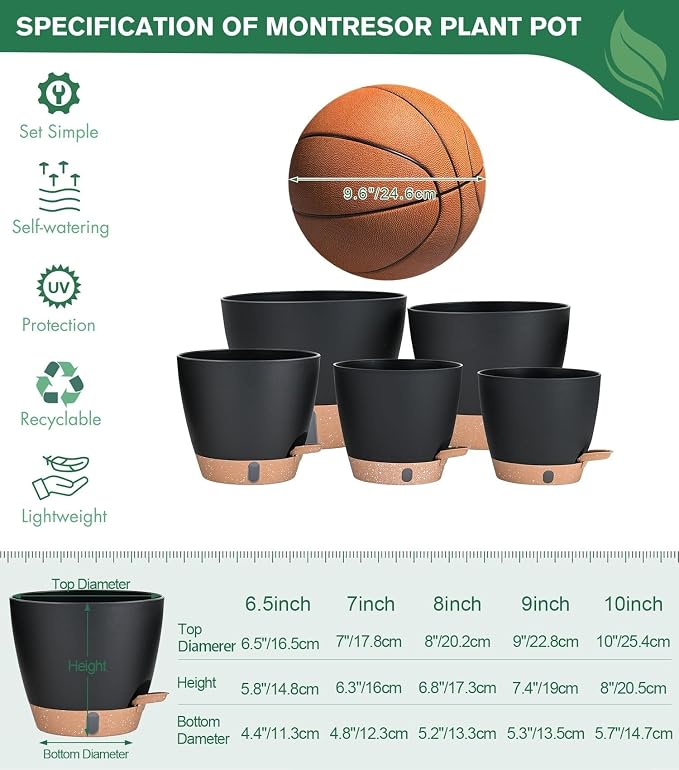 montresor 5-Pack Easy Plant Self Watering Pots for Indoor Plants, 10/9/8/7/6.5Inch PP Plastic Wicking Pots with Water Level Indicator & Plant Pots with Reservoir, Self Watering Planters, Black