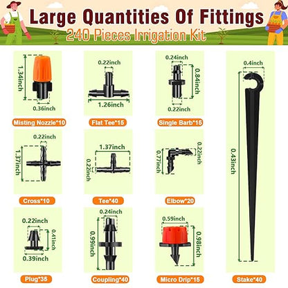 240-Piece Drip Irrigation Fittings Kit for 1/4" Tubing, Complete Set of Drip Barbed Connectors (Nozzle, Micro Dripper, Nozzle Tee, Single Barb, Coupling, Tee, Elbow, Plug, Cross, Stake)