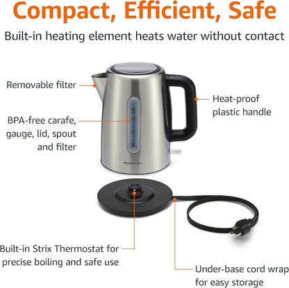 Amazon Basics Electric Stainless Steel Kettle for Tea and Coffee, BPA-Free, Fast Boiling, Auto Shut-Off, Boil-Dry Protection, 1.7 Liter, 1500W, Black and Silver