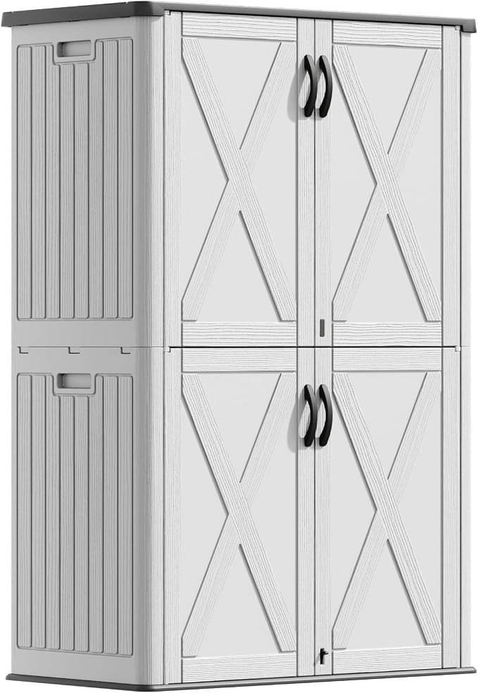 Devoko 50 Cu Ft Plastic Outdoor Storage Cabinet, White | Vertical Resin Storage Shed with Lockable Door, Waterproof Shed for Patio Furniture Pool Toy, Garden Tool, Shelf Not Included