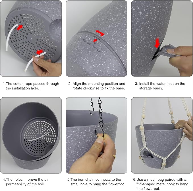 Meowell Self Watering Hanging Planters 10 inch, 2 Pack Hanging Flower Pots for Indoor Outdoor Plants, Hanging Baskets with Drainage Holes & 2 Kinds of Plant Hangers for Garden Decor, Speckled Grey