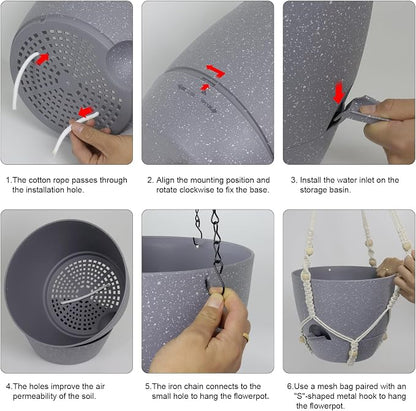 Meowell Self Watering Hanging Planters 10 inch, 2 Pack Hanging Flower Pots for Indoor Outdoor Plants, Hanging Baskets with Drainage Holes & 2 Kinds of Plant Hangers for Garden Decor, Speckled Grey