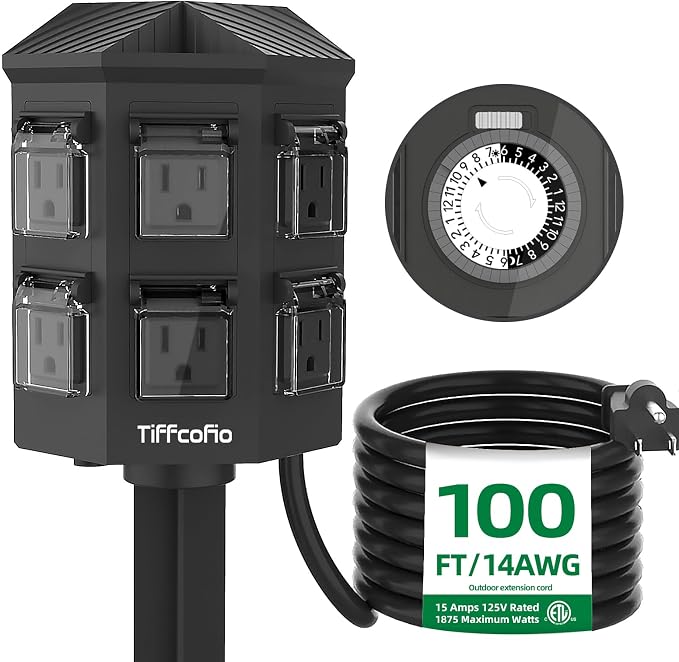 TiFFCOFiO Outdoor Power Strip Waterproof, 24 Hour Mechanical Timer, 100 FT Extension Cord, 6 Grounded Outlets for Outdoor Lights, ETL Listed (100 FT)