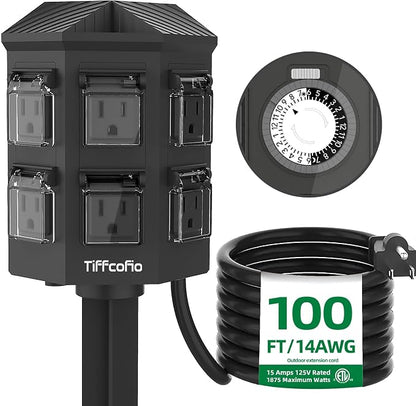 TiFFCOFiO Outdoor Power Strip Waterproof, 24 Hour Mechanical Timer, 100 FT Extension Cord, 6 Grounded Outlets for Outdoor Lights, ETL Listed (100 FT)