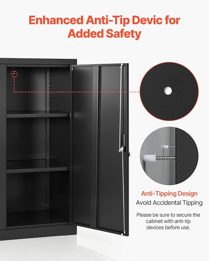 VEVOR Metal Storage Cabinet, 41.7 in Steel Garage Cabinet with 2 Adjustable Shelves, 2 Magnetic Doors & 2 Keys, 3 Tiers Lockable Tool Storage for Pantry, Warehouse, Basement, Office, Black