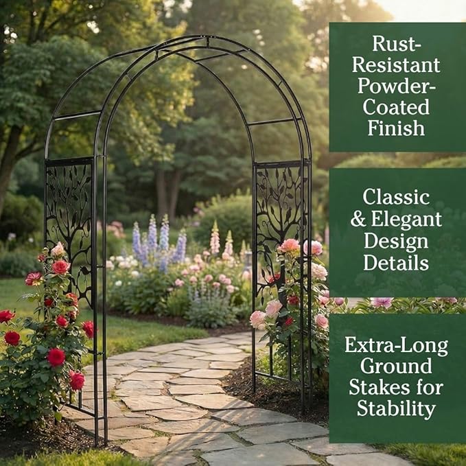 Plow & Hearth Metal Garden Arch Trellis Arbor Tree of Life Panels, 7 feet Freestanding Outdoor Arch Trellis for Climbing Plants, Pathway Entry and Wedding Garden Decor
