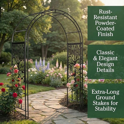 Plow & Hearth Metal Garden Arch Trellis Arbor Tree of Life Panels, 7 feet Freestanding Outdoor Arch Trellis for Climbing Plants, Pathway Entry and Wedding Garden Decor