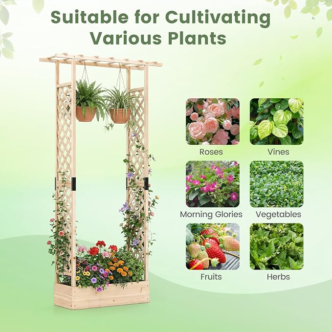 Giantex Wooden Raised Garden Bed with Trellis & Hanging Roof, Fir Wood Planter Box, 89” Freestanding Elevated Garden Bed for Outdoor Climbing Plants Vegetables Flowers, Patio & Balcony, Natural