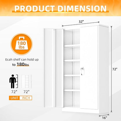 INTERGREAT White Metal Storage Cabinet, 72" Locking Steel Cabinets with 2 Door and 4 Adjustable Shelves, Tall Metal Cabinet for Home Office, Garage, Warehouse