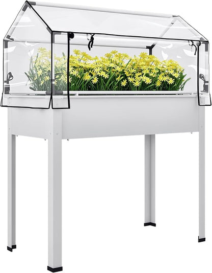Outsunny Raised Garden Bed with Flip-Up Greenhouse Cover, Elevated Planter Box with Legs and Drainage Hole for Vegetables Flowers Herbs, 39.4" x 18.9" x 48.8", White