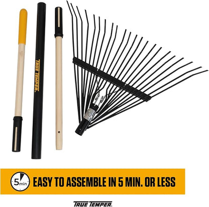 True Temper Steel Tine Leaf Rake with Hardwood/Steel Handle for Lawns, Gardening, and Dethatching, 22 Tines, Black