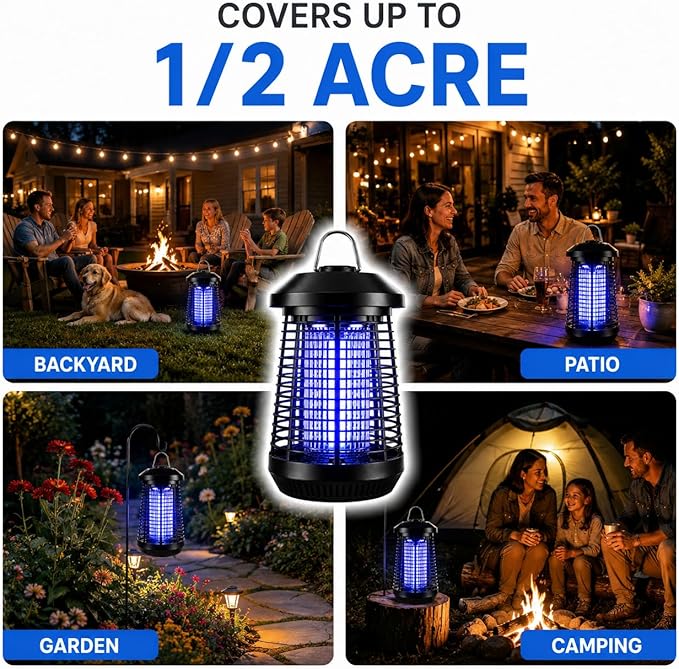 Bug Zapper Outdoor,4200v Mosquito Zapper Killer,Covers 1/2 Acre | Electric Bug zapper Helps Eliminate Mosquitoes and Flying Insects Outdoors. Ideal for Patio Backyard Garage. Easy-clean Tray