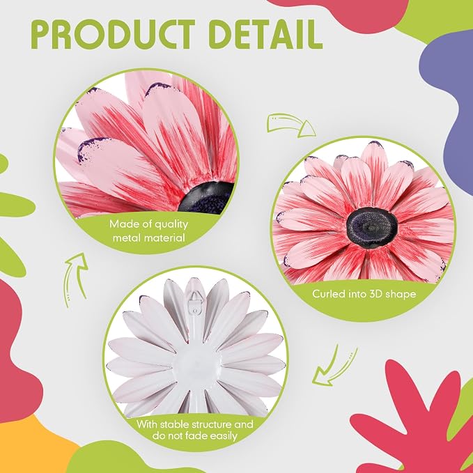 Zhehao 9 Pcs Metal Flower Wall Art Hanging 3D Daisy Decor Metal Flowers Outdoor Decor Multicolored Layered Floral Sunflower Wall Decorations for Home Garden Porch Patio(Bright Color,6 Inch)