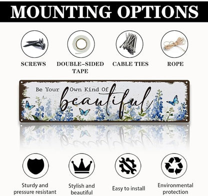Garden Metal Tin Sign, Vintage Farmhouse Decor, Be Your Own Kind of Beautiful, Butterfly Floral for Yard Fence Porch, Inspirational Indoor Outdoor Garden Decoration, 15.7 x 3.9 Inches
