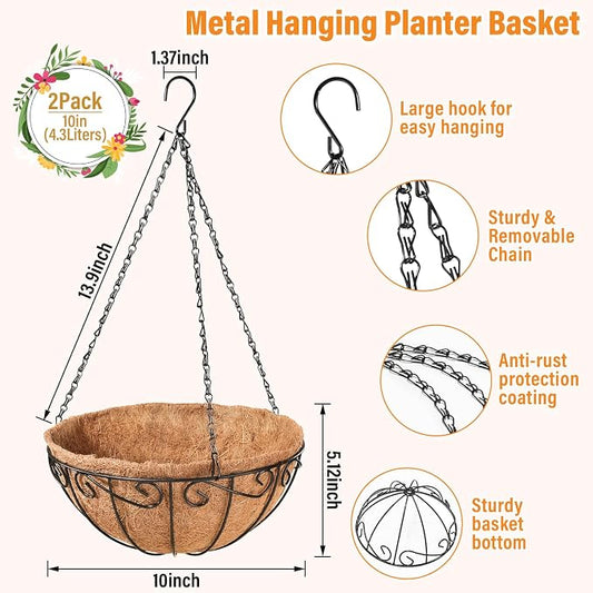Legigo 2 Pack 10 Inch Metal Hanging Baskets for Plants Outdoor- Round Wire Hanging Planters Basket with Coconut Coir Liner, Hanging Flower Pot for Outdoor Plants Flowers Garden Decorations