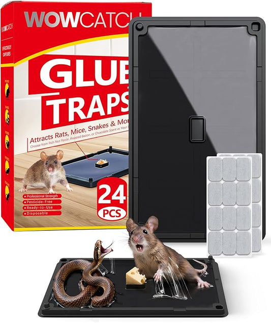 Wowcatch Rat, Snake and Mouse Traps 24 PK, Large Bulk Sticky Glue Traps Indoor for Home Pre-baited, Pet Safe Rodent Catcher for Garage, Kitchen, Catches Roaches, Spiders, Lizard, Non-Toxic, Large