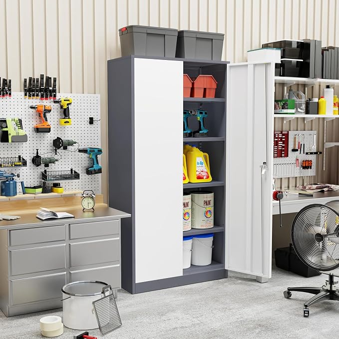 INTERGREAT Metal Storage Cabinet Doors, 72" Locking Steel Storage Cabinet with Shelves, Tall Lockable Steel Cabinets for Home Office, Garage(New Grey)