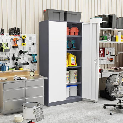 INTERGREAT Metal Storage Cabinet Doors, 72" Locking Steel Storage Cabinet with Shelves, Tall Lockable Steel Cabinets for Home Office, Garage(New Grey)