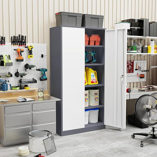 INTERGREAT Metal Storage Cabinet Doors, 72" Locking Steel Storage Cabinet with Shelves, Tall Lockable Steel Cabinets for Home Office, Garage(New Grey)