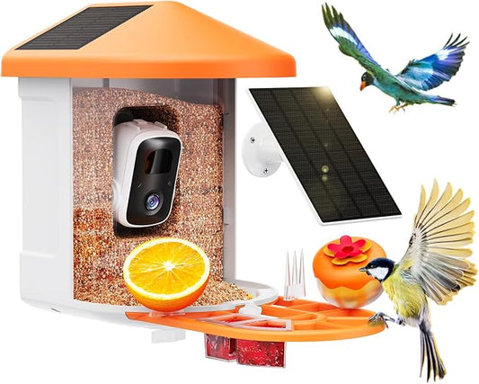 HARYMOR Bird Feeder with Camera | AI Identify Birds Species, Solar Powered, Smart Bird House with Cam, 2K HD Video Live Stream, Instant Arrival Alerts - Orange
