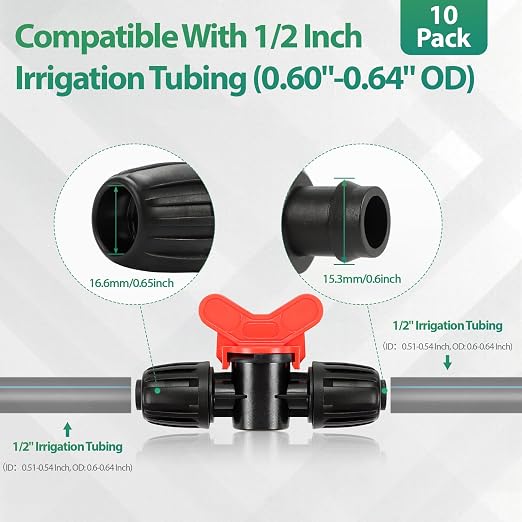 RedChili 10 Pcs 1/2 Inch Irrigation Tubing Shut Off Valve Fittings, (1/2" ID x0.6-0.65" OD) 16mm Drip Tubing Barbed Locked Nuts Connectors Anti-Drop 1/2" Inline Valve Parts for Garden Drip System