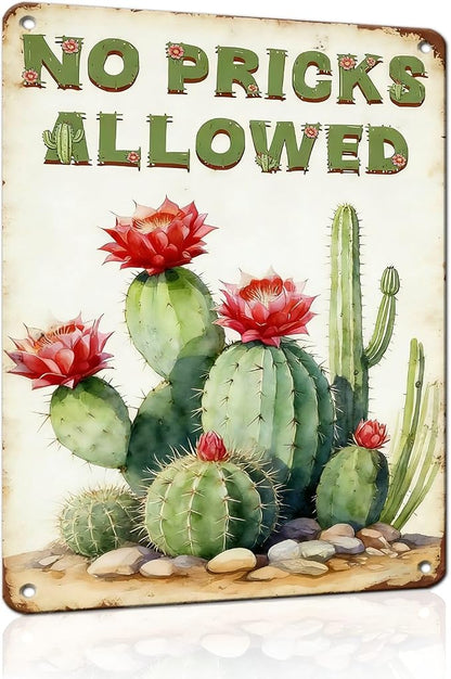 PEACHGARDEN Cactus Deocr Garden Signs No Pricks Allowed Southwestern Metal Tin Sign Cactus Wall Art Decor for Outdoor Garden Yard Greenhouse 12x16 inch