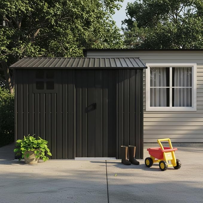 8x6 FT Outdoor Storage Shed,Galvanized Steel Heavy Duty Metal Tool Shed with Window & Vents,Sliding Door,Weatherproof Utility Shed for Backyard Patio Lawn,Black