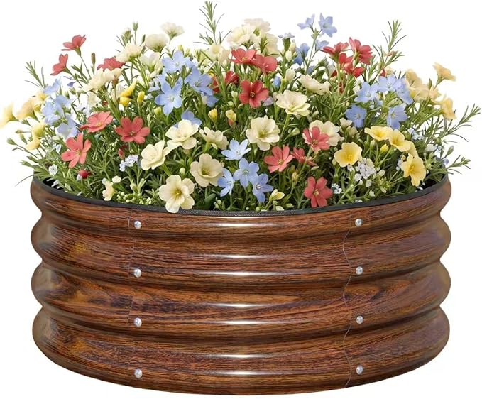 SnugNiture 2x2x1ft Round Galvanized Raised Garden Bed Kit Outdoor, Metal Planter Box for Planting Plants Vegetables, Brown