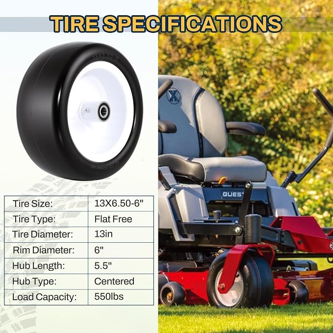 13x6.50-6 Flat Free Lawn Mower Tires and Wheels, 1/2" 3/4" 5/8" Ball Bearings, 13x6.5-6 Solid Front Tire for Zero Turn Lawnmower, Smooth Tires for Commercial Grade Lawn, 5.5"-7.5" Centered Hub, 2 Pack