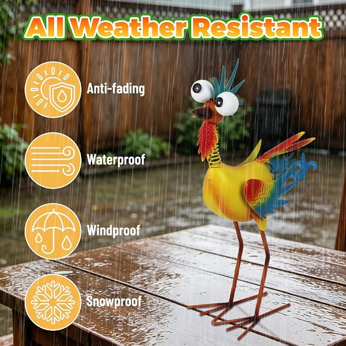 Metal Rooster Statue Outdoor Garden Decor,18" Wacky Rooster Decor Yard Statue Decorations Outdoor,Funny Chicken Sculpture for Patio, Lawn, Backyard (Yellow)