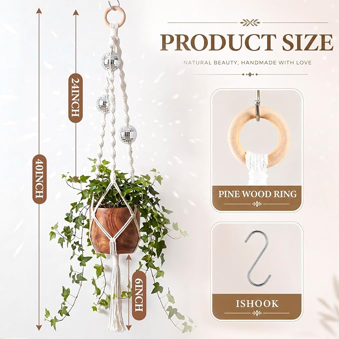 Shappy 1 Pack Boho Macrame Plant Hanger, Large Hanging Planter Plant Holder Pot Hanger Hanging Basket Wall Planters, Plants Lover Gift for Indoor Garden (Disco Ball,White)