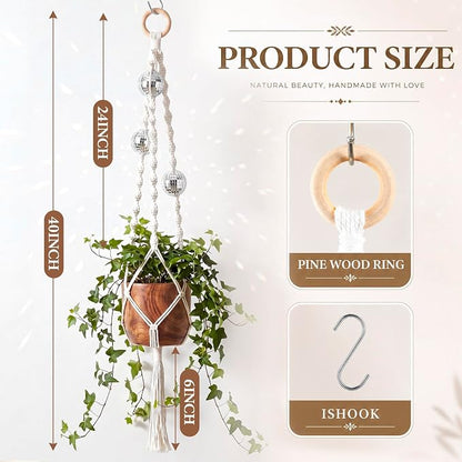 Shappy 1 Pack Boho Macrame Plant Hanger, Large Hanging Planter Plant Holder Pot Hanger Hanging Basket Wall Planters, Plants Lover Gift for Indoor Garden (Disco Ball,White)