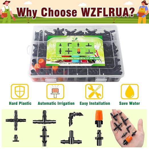 250-Piece Drip Irrigation Fittings Kit for 1/4" Tubing, Complete Set of Barbed Connectors for Drip System Setup (Nozzles, Nozzle Tees, Single Barbs, Couplings, Tees, Elbows, Plugs, Crosses)
