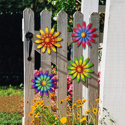 Giyyomtr Metal Flowers Wall Decor - 4pcs Metal Sunflowers Wall Art Hanging Decorations for Outdoor Fence Garden Yard Patio Exterior Wall Decor