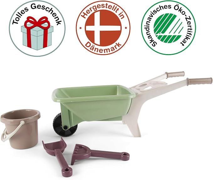 Dantoy: Green Garden - Wheelbarrow Playset - 4 Pieces, Pretend Gardening, Realistic Garden Tool Toys, Recycled Plastic, Kids & Toddlers Ages 2+