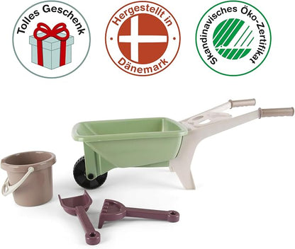Dantoy: Green Garden - Wheelbarrow Playset - 4 Pieces, Pretend Gardening, Realistic Garden Tool Toys, Recycled Plastic, Kids & Toddlers Ages 2+