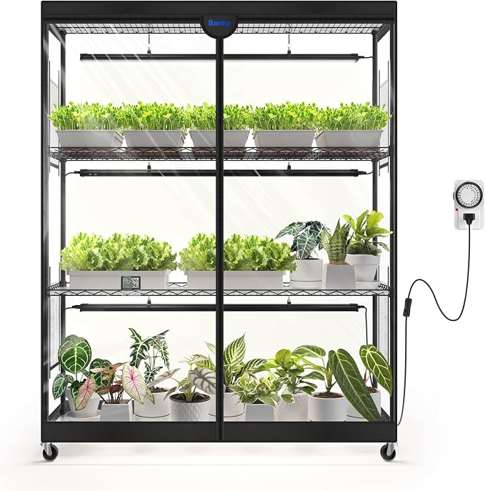 Barrina LP1200 Indoor Greenhouse with Grow Light, 4-Tier Plant Stand with 150W TX-S50 3.2FT 5000K, Full Spectrum Plant Shelf with Tent, Timer & Thermometer for Winter Seed Trays, 47.2 x 13.8 x 59.1IN
