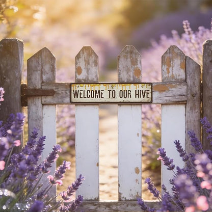Garden Metal Tin Sign Bee Decor, Vintage Farmhouse Wall Art, Welcome to Our Hive Sign, for Yard Fence Door Porch, Rustic Indoor Outdoor Garden Decoration, 15.7 x 3.9 Inches