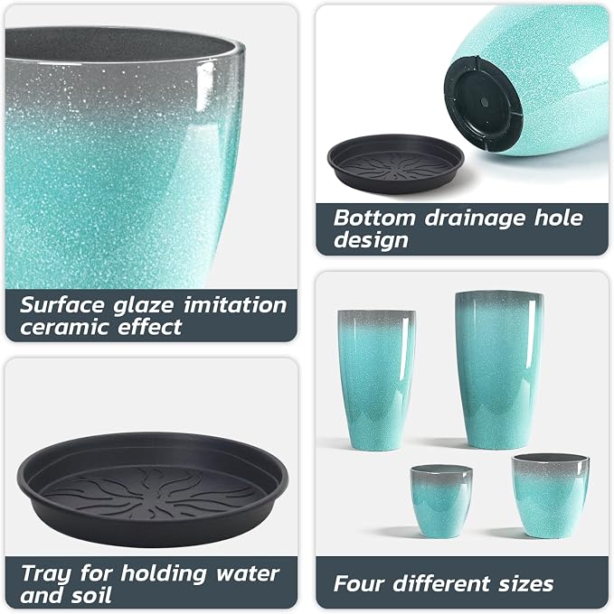 ZMTECH 24/21/12/10" H Large Plastic Planters with Drainage Hole and Saucer -Set of 4 Tall Lightweight Flower Pot for Front Porch Patio Deck,Sky Blue with White Spots