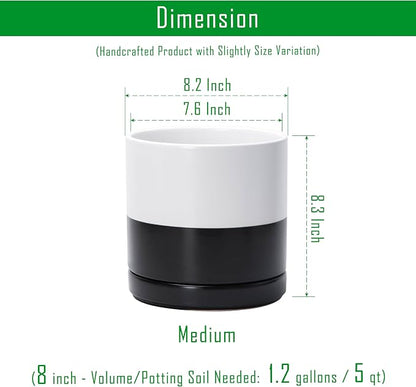 D'vine Dev 8.2 Inch Ceramic Planter Pot with Drainage Hole and Saucer, Indoor Cylinder Round Planter Pot, Layered Monochrome Black & White, 94-O-D-L
