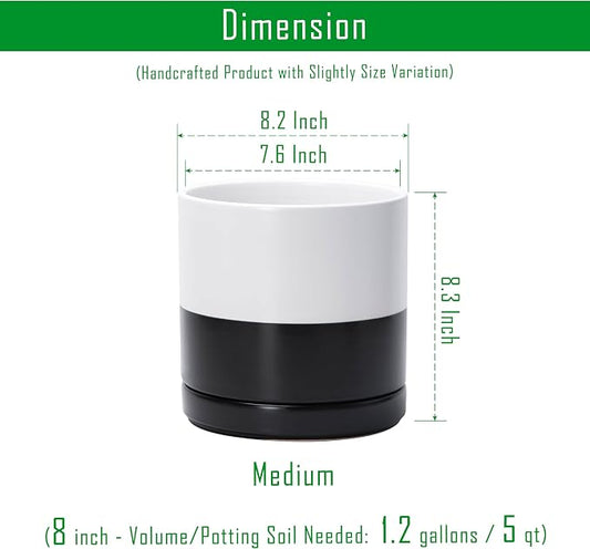 D'vine Dev 8.2 Inch Ceramic Planter Pot with Drainage Hole and Saucer, Indoor Cylinder Round Planter Pot, Layered Monochrome Black & White, 94-O-D-L