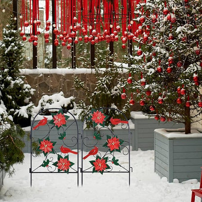 hogardeck Outdoor Christmas Decorations, 2 Pcs Metal Fence Floral Decorative Garden Stakes with Poinsettia Red Birds for Christmas Decor, Yard Signs for Garden Lawn Patio Home